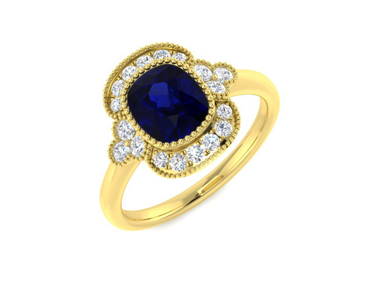 9ct Yellow Gold Sapphire and Diamond Vintage Style Cluster Ring