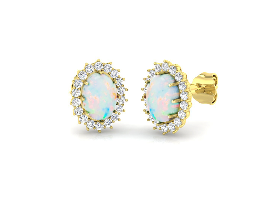 9ct Yellow Gold Oval Opal and Diamond Cluster Stud Earrings