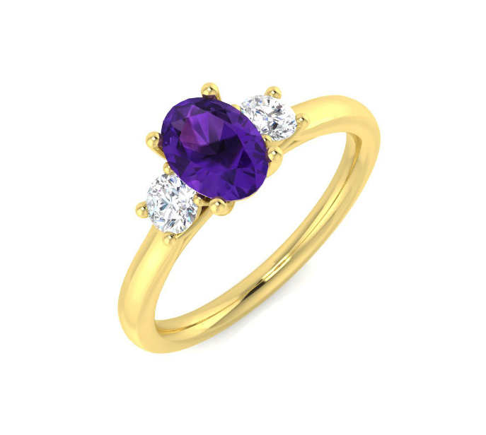 9ct Yellow Gold Amethyst and Diamond Three Stone Ring