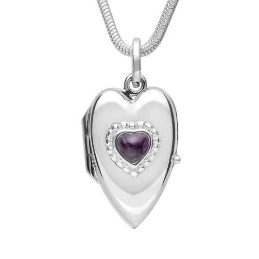 Sterling Silver Derbyshire Blue John Slim Heart Shaped Silver Locket And Chain