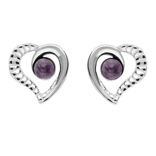 Derbyshire Blue John Sterling Silver Half Ribbed Heart Stud Earrings