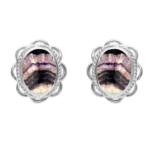 Derbyshire Blue John Sterling Silver Oval Floral Stud Earrings