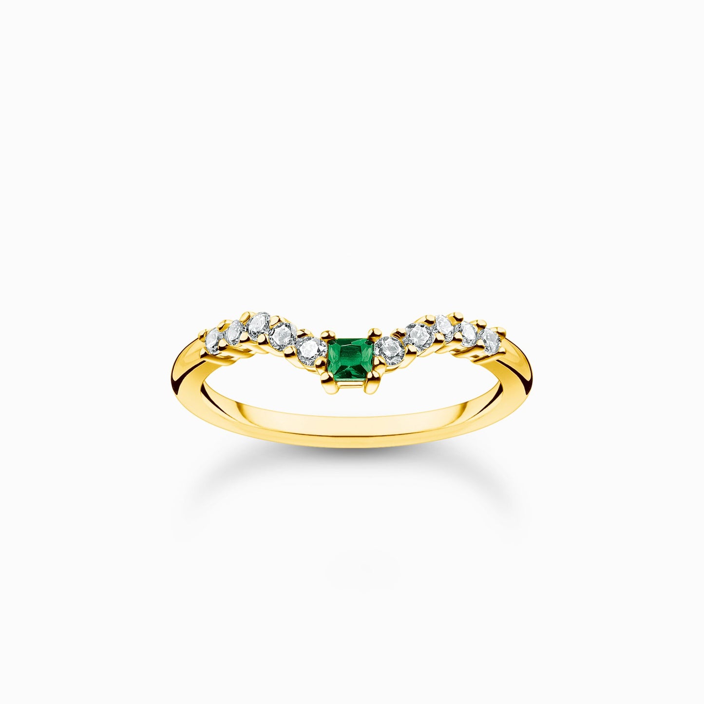 Thomas Sabo Yellow Gold Plated Green and White Cubic Zirconia Wishbone Ring Size 54 TR2398-971-7