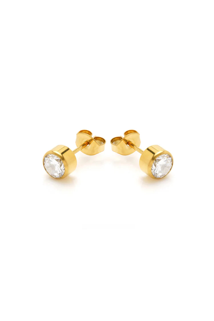 Tish Lyon Yellow Gold PVD Round Moissanite Rubover Stud Earrings
