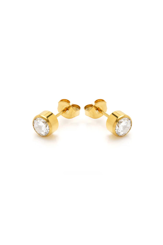 Tish Lyon Yellow Gold PVD Round Moissanite Rubover Stud Earrings