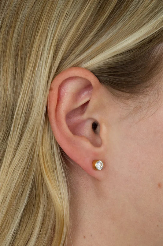 Tish Lyon Yellow Gold PVD Round Moissanite Rubover Stud Earrings