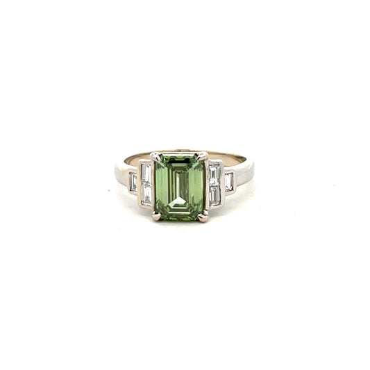 18ct White Gold Laboratory Grown Green Emerald Cut Diamond Ring Size L