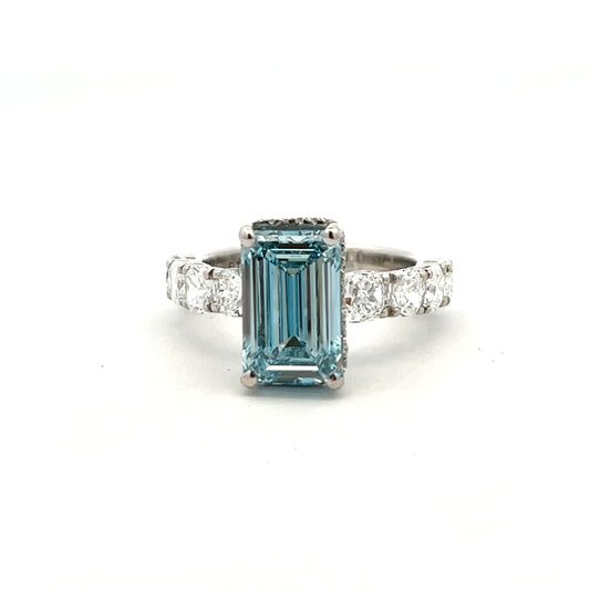 Platinum Laboratory Grown Fancy Intense Blue Emerald Cut Diamond with Laboratory Grown Diamond Shoulders Size R