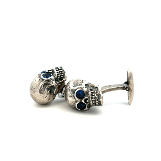 Sterling Silver Antique Dark Finish Skull Cufflinks with Blue Crystal Eyes
