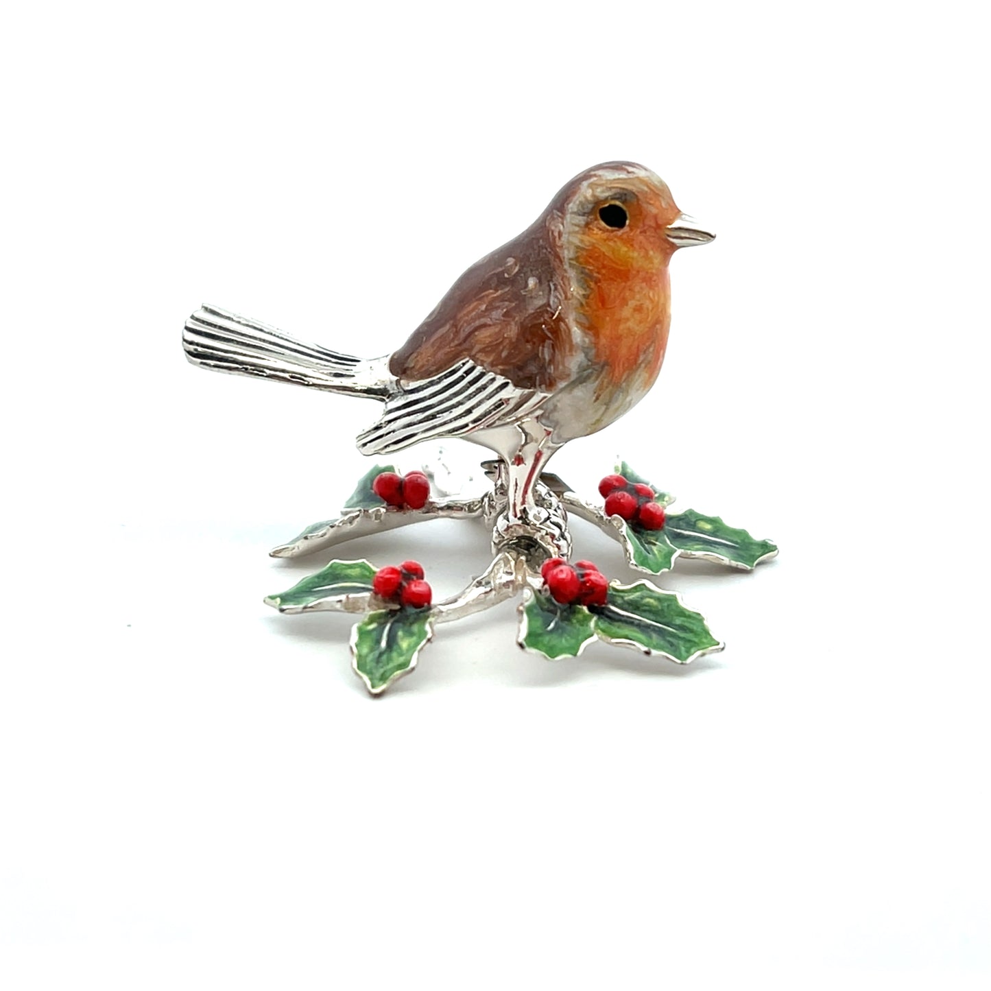 Saturno Sterling Silver Robin With Holly Figurine
