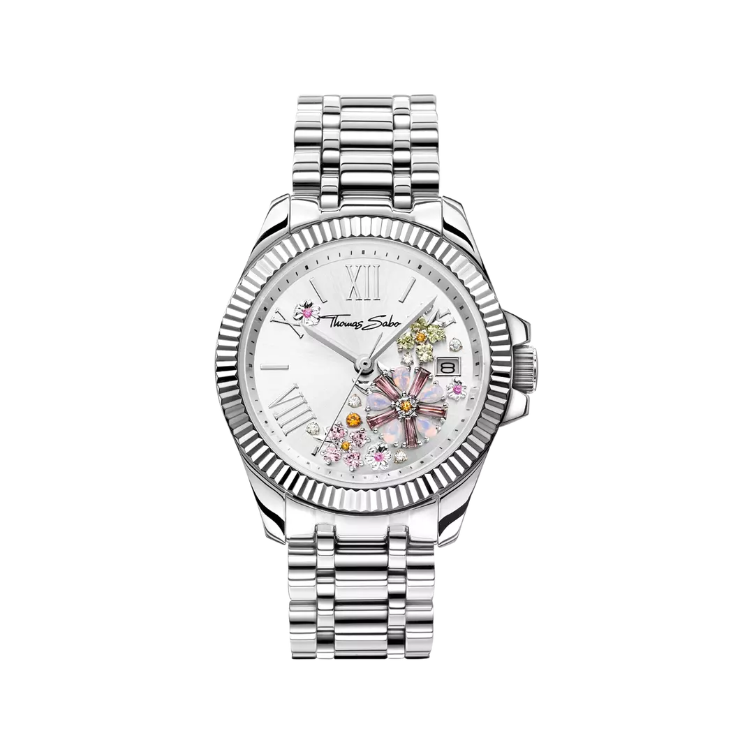 Thomas Sabo Stainless Steel Bracelet Cubic Zirconia Multi Flower Dial Watch WA0381-201-201