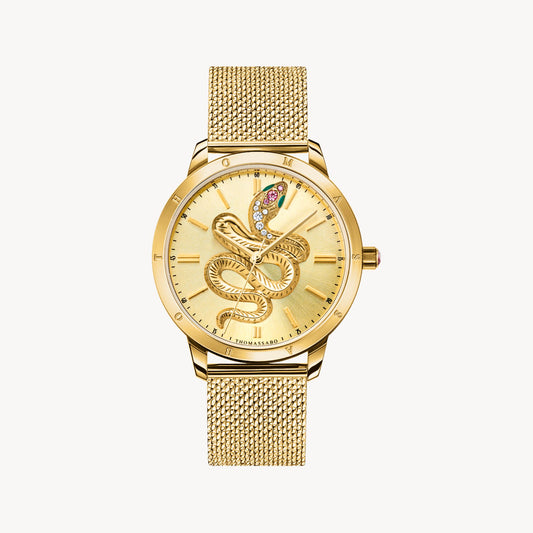 Thomas Sabo Yellow Gold Plated 33mm Case and Mesh Bracelet Champagne 3D Snake Dial Watch WA0384-264-207
