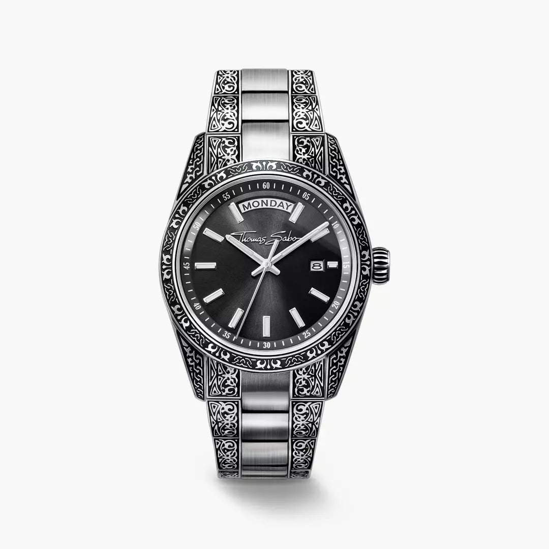 Thomas Sabo Rebel Revive 36mm Black Dial Engraved Bracelet Watch WA0427-201-201