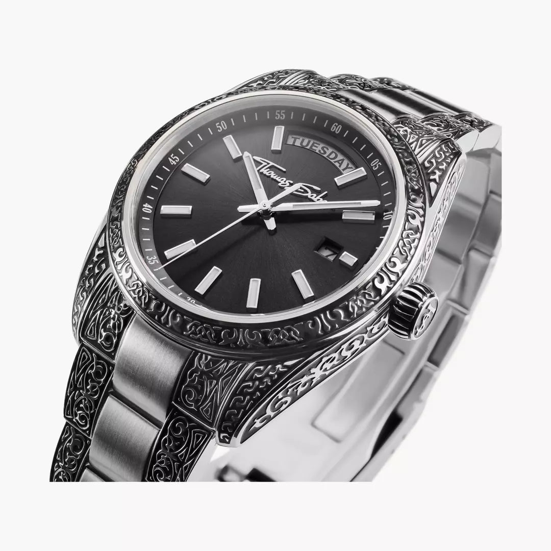 Thomas Sabo Rebel Revive 36mm Black Dial Engraved Bracelet Watch WA0427-201-201
