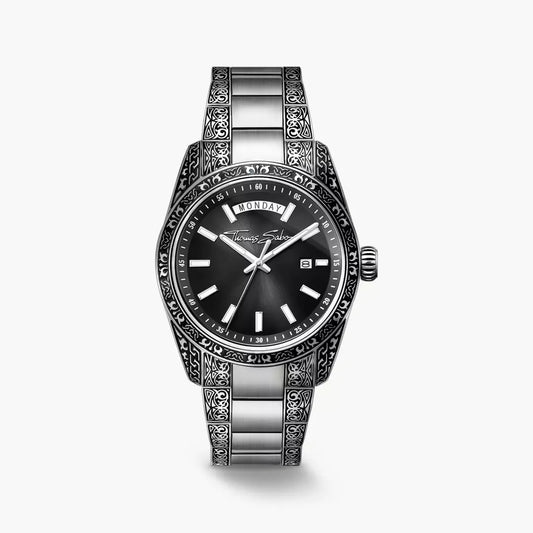 Thomas Sabo Rebel Revive 40mm Black Dial Engraved Bracelet Watch WA0438-201-203