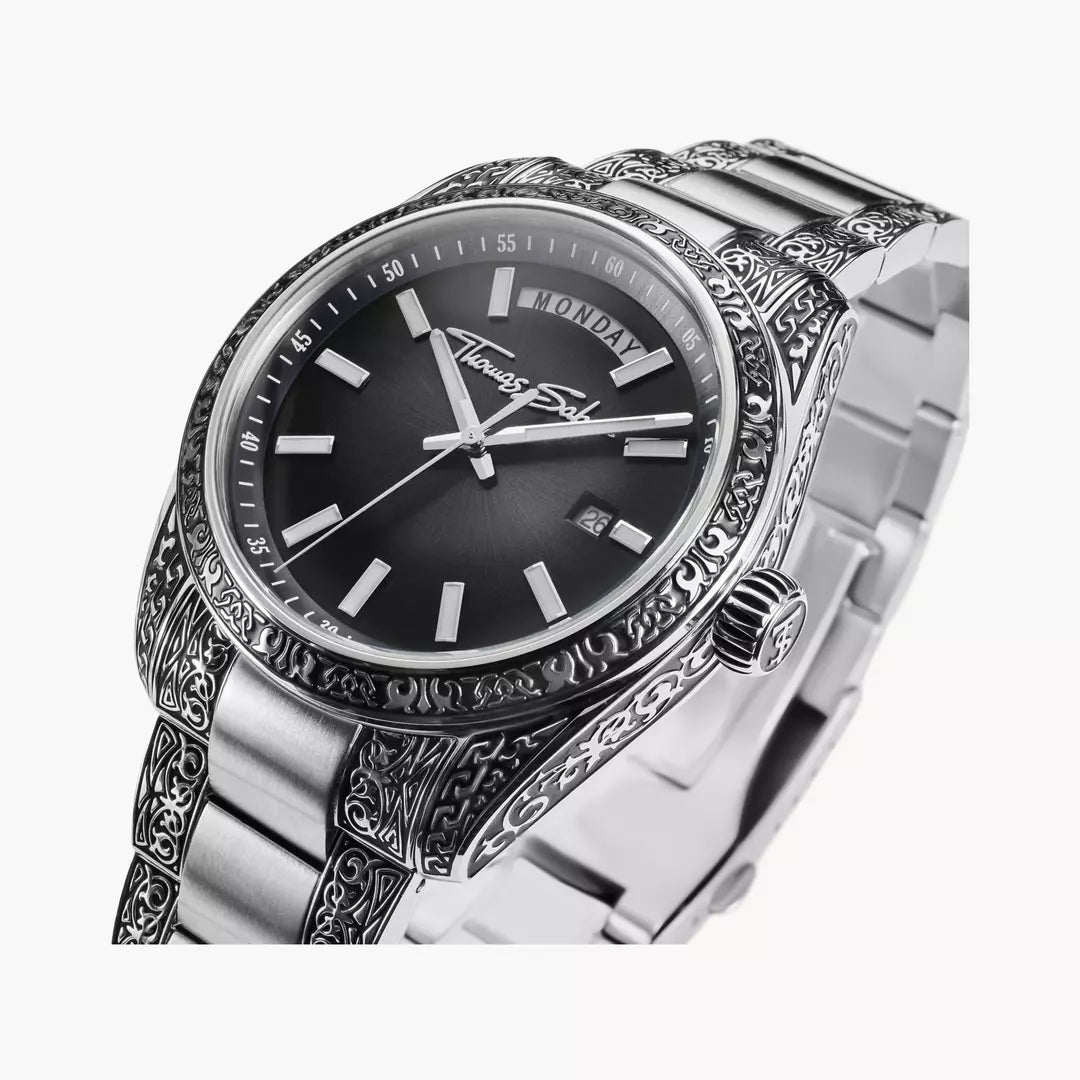 Thomas Sabo Rebel Revive 40mm Black Dial Engraved Bracelet Watch WA0438-201-203