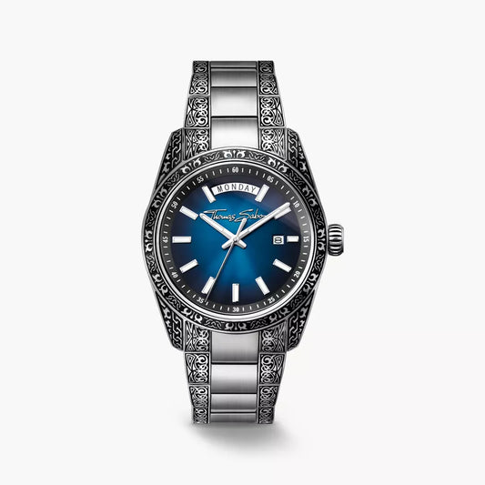Thomas Sabo Rebel Revive 40mm Blue Dial Engraved Bracelet Watch WA0439-201-209