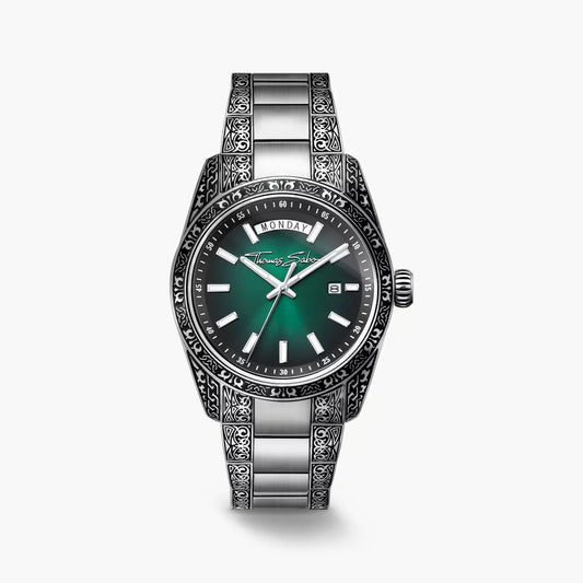 Thomas Sabo Rebel Revive 40mm Green Dial Engrave Bracelet Watch WA0440-201-211