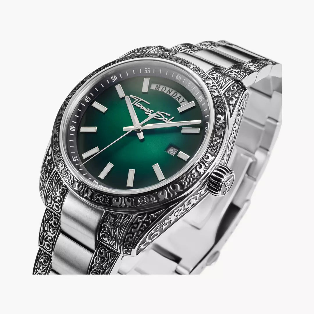 Thomas Sabo Rebel Revive 40mm Green Dial Engrave Bracelet Watch WA0440-201-211