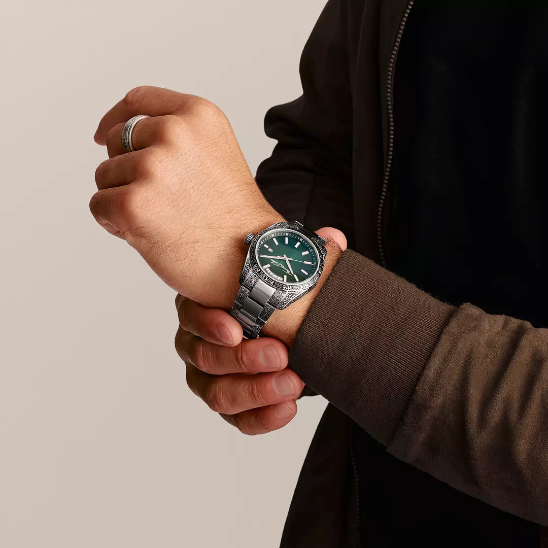Thomas Sabo Rebel Revive 40mm Green Dial Engrave Bracelet Watch WA0440-201-211