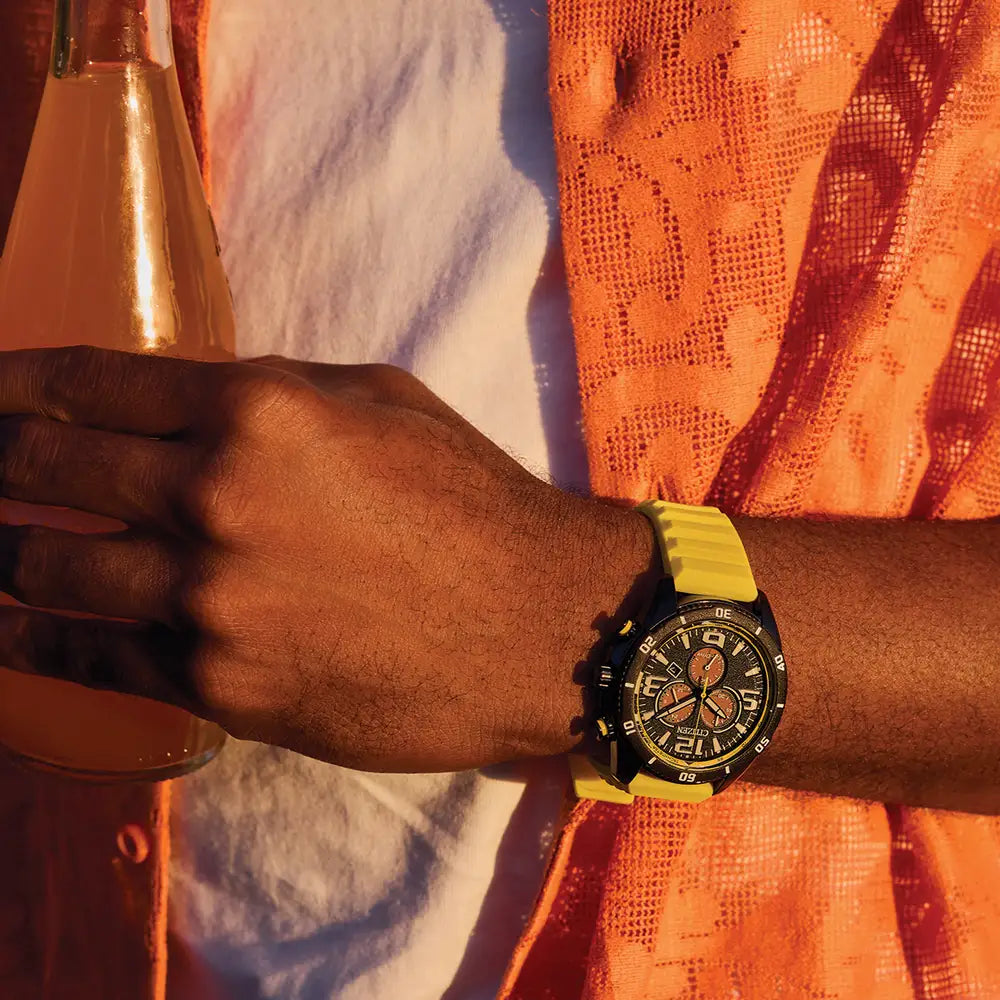 Citizen Black and Yellow 100M Sport Chronograph Yellow Strap Watch AT2585-08E
