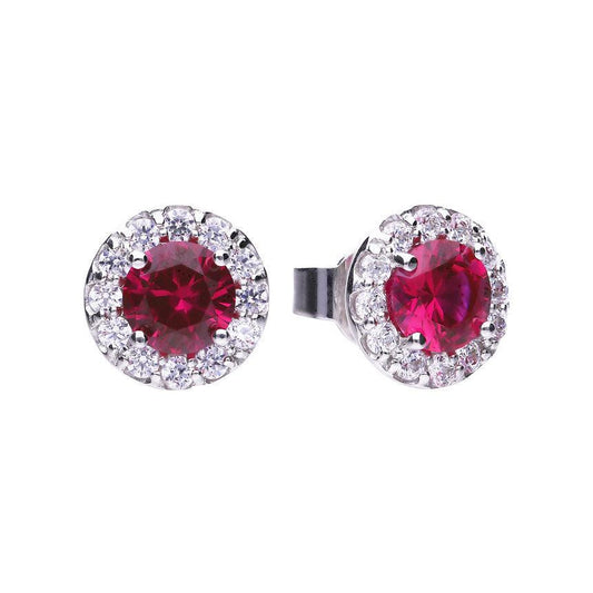 Diamonfire Silver Round Cluster with Red Centre Stone and Cubic Zirconia Halo Stud Earrings E5654