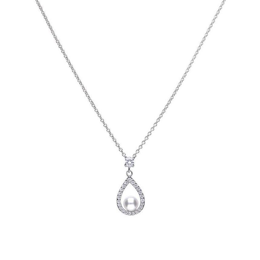 Diamonfire Silver Imitation Pearl and Cubic Zirconia Pear Drop Pendant and Chain P4620