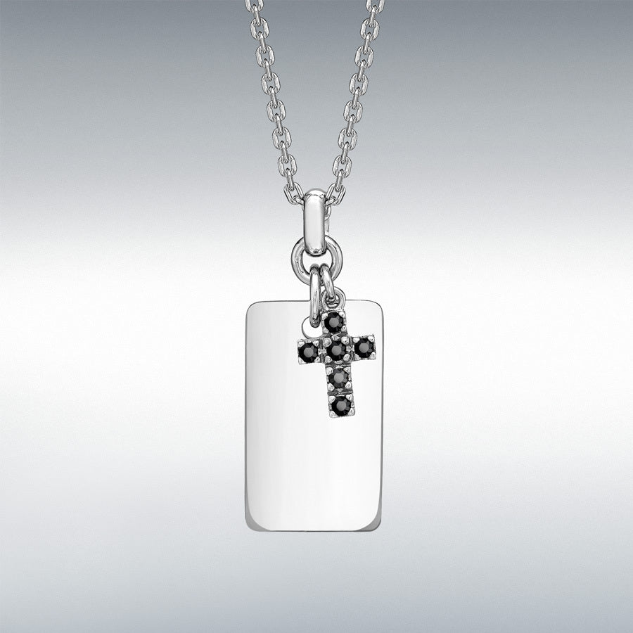 Sterling Silver Black Sapphire Cross and Dog Tag Adjustable Necklace 17.5-21"