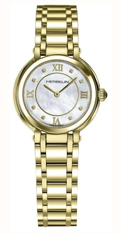 Herbelin Galet Mother Of Pearl Diamond Dial Yellow PVD Bracelet Watch 17430BP59