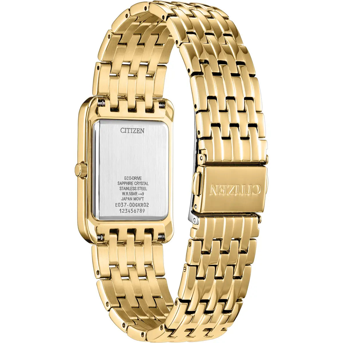 Citizen Rectangular Plum Dial Slim Yellow Gold Plated Stainless Steel Bracelet Watch BJ6572-54X