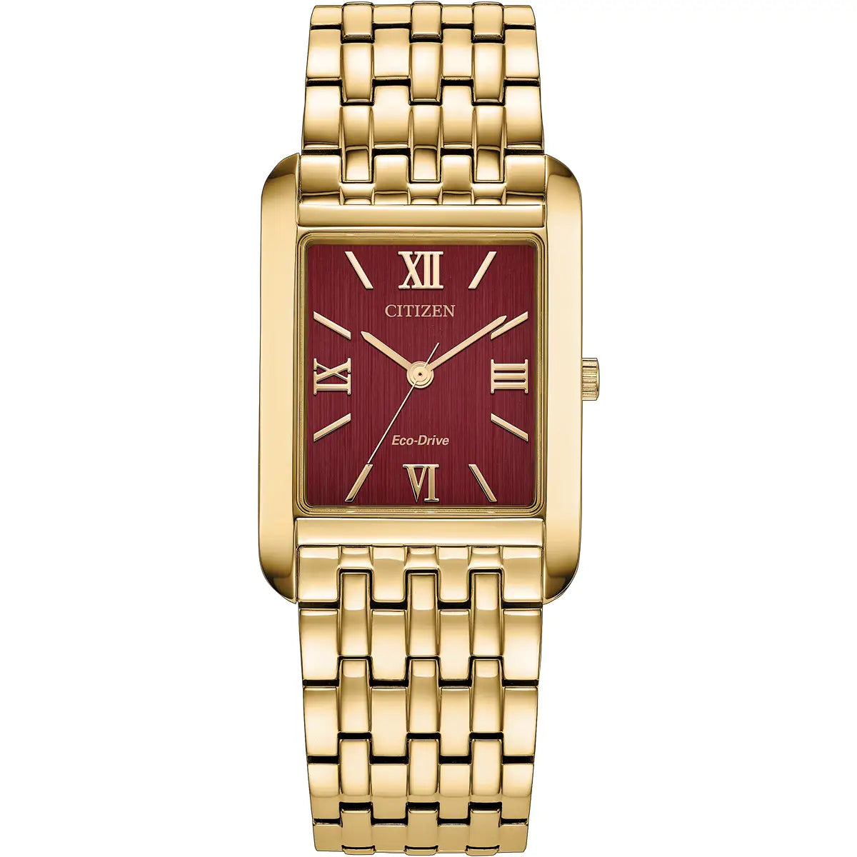 Citizen Rectangular Plum Dial Slim Yellow Gold Plated Stainless Steel Bracelet Watch BJ6572-54X