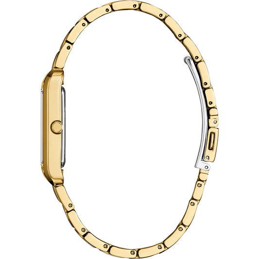 Citizen Rectangular Plum Dial Slim Yellow Gold Plated Stainless Steel Bracelet Watch BJ6572-54X