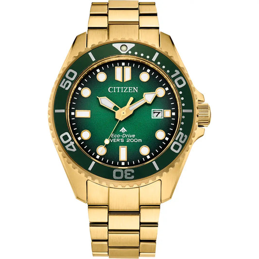 Citizen Yellow Gold Plated Promaster Green Dial Bezel 200M Divers Bracelet BN0262-59W