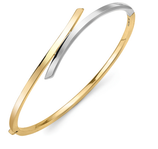 9ct Yellow and White Gold Crossover Hollow Hinged Bangle