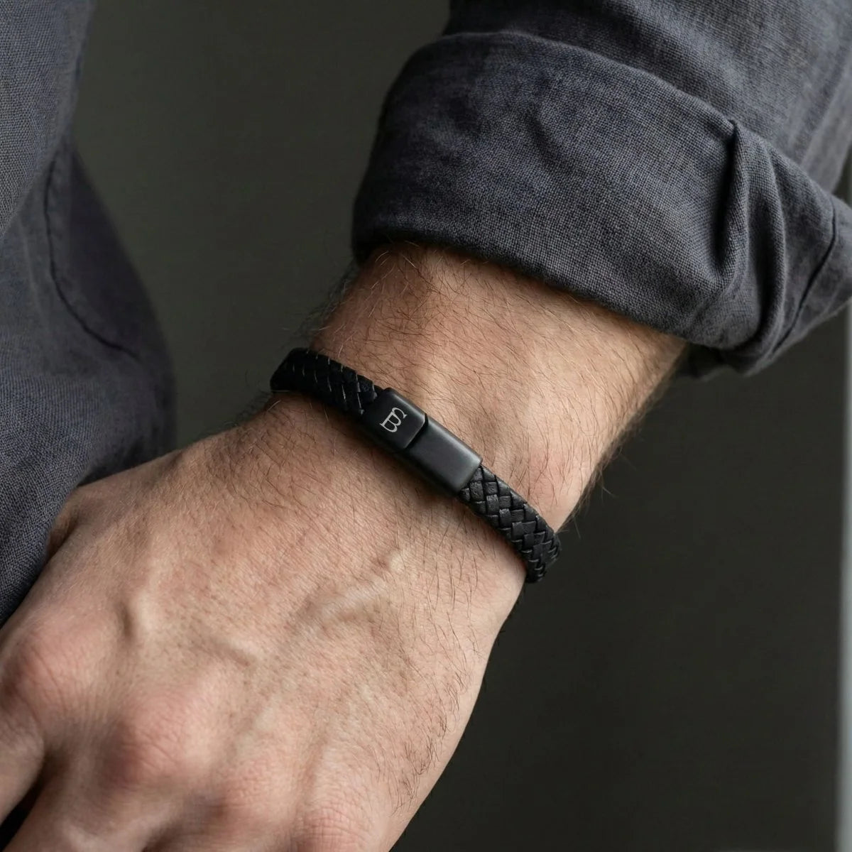 Steel & Barnett Braided Black Leather Bracelet with Black Stainless Steel Clasp For Men