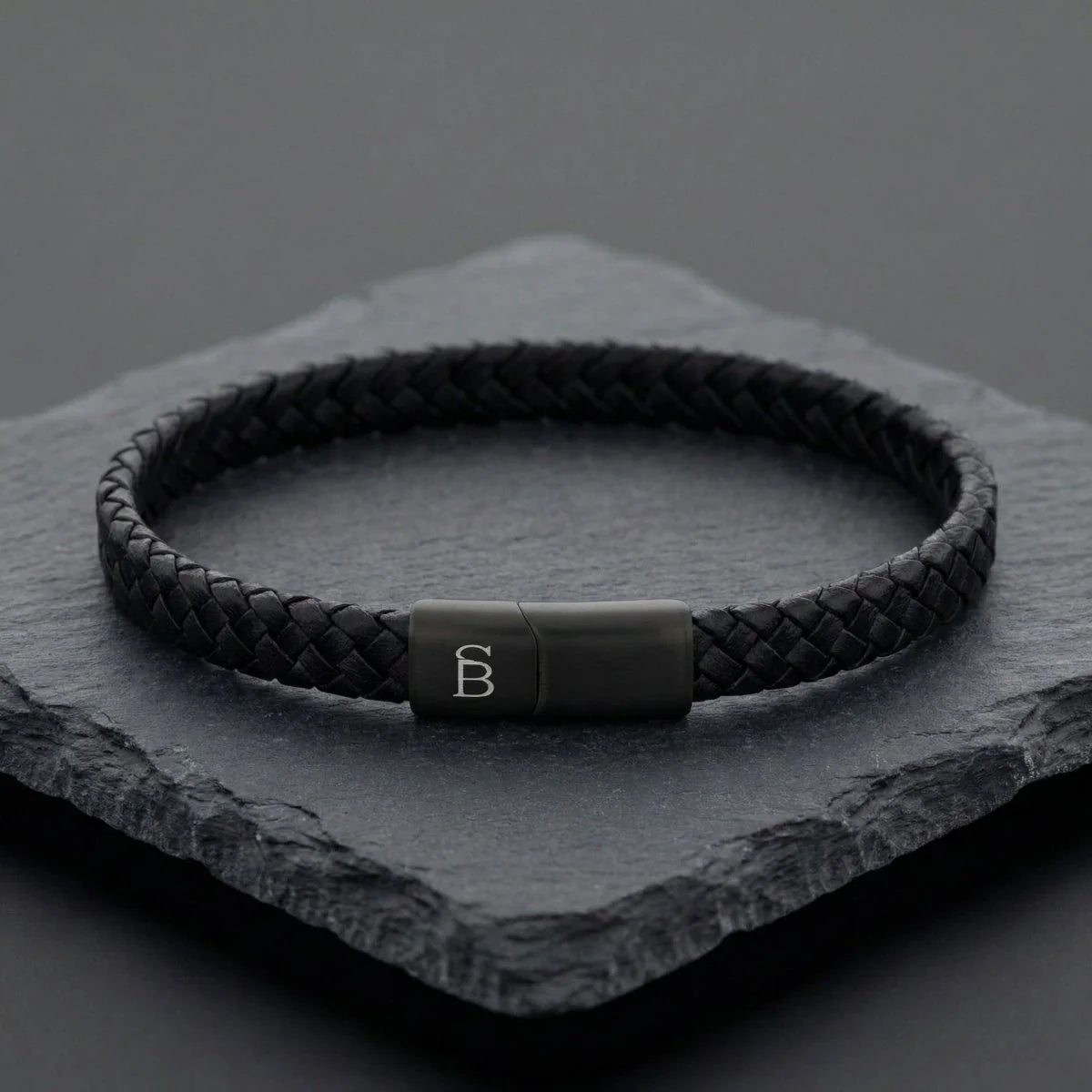 Steel & Barnett Braided Black Leather Bracelet with Black Stainless Steel Clasp For Men
