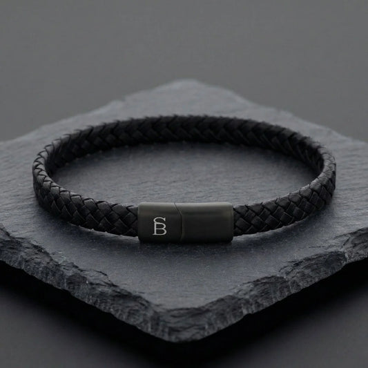 Steel & Barnett Braided Black Leather Bracelet with Black Stainless Steel Clasp For Men