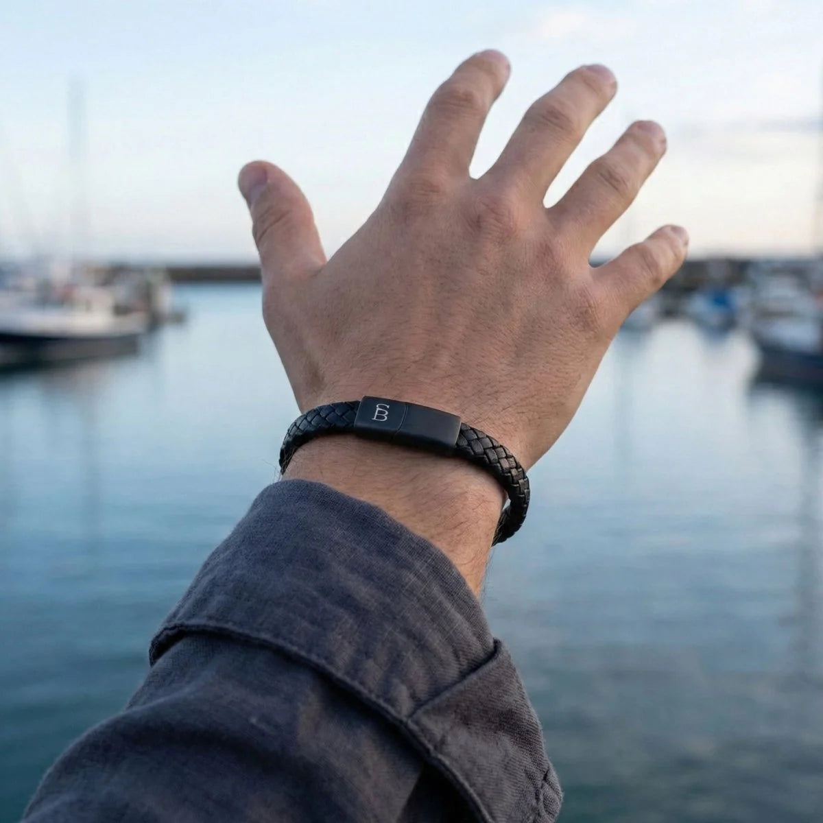 Steel & Barnett Braided Black Leather Bracelet with Black Stainless Steel Clasp Small