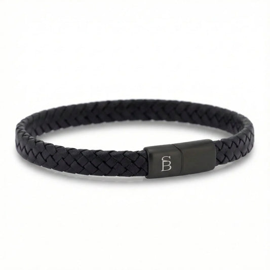 Steel & Barnett Braided Black Leather Bracelet with Black Stainless Steel Clasp Small
