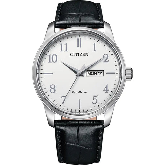 Citizen Stainless Steel White Dial Black Leather Strap Watch BM8550-14A