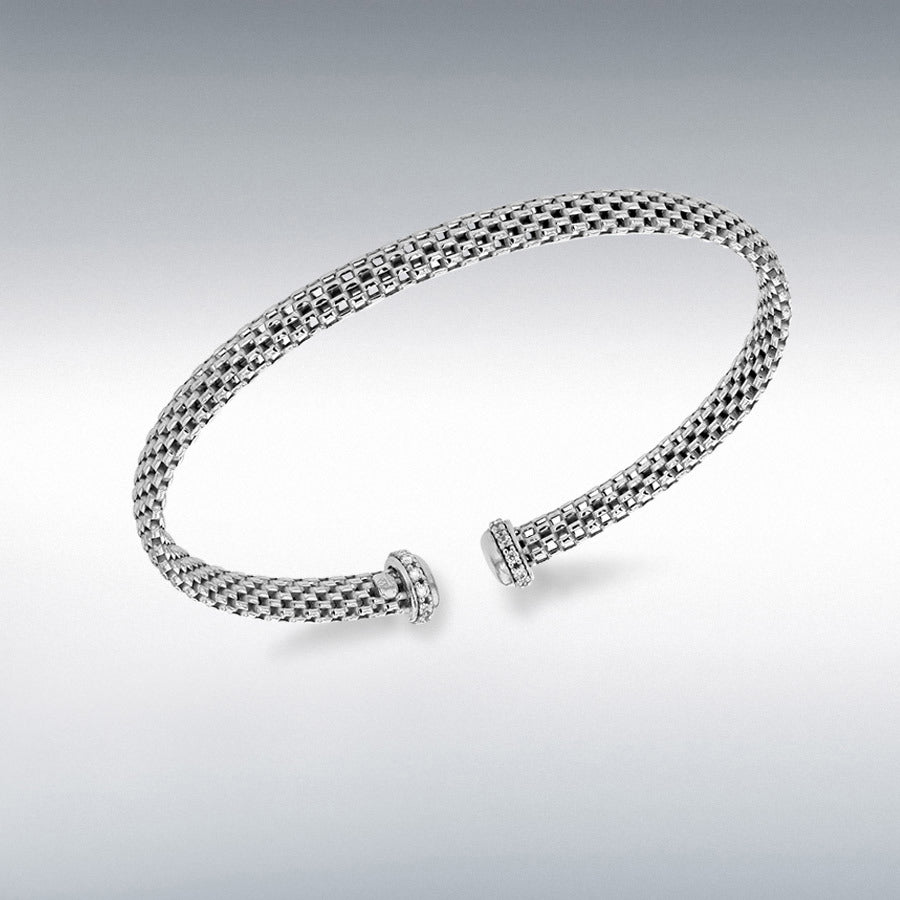 Sterling Silver Flexible Mesh 5mm Bangle With Cubic Zirconia Ends