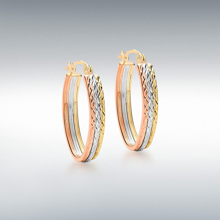 9ct Three Colour Gold Oval Sparkle Diamond Cut Hoop Earrings