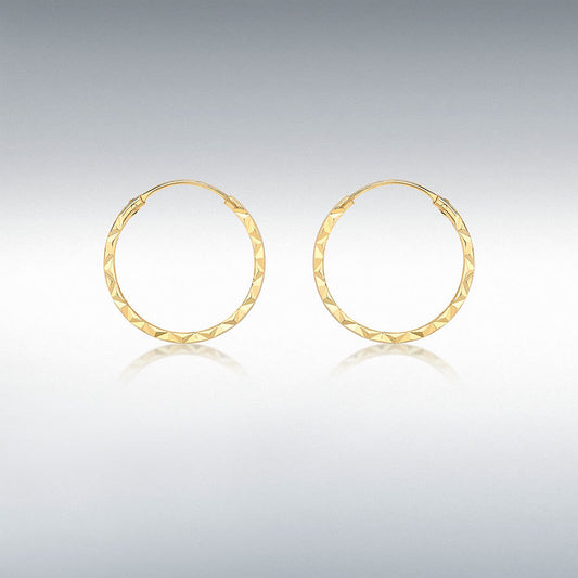 9ct Yellow Gold 1mm Tube 15mm Diamond Cut Hoop Earrings