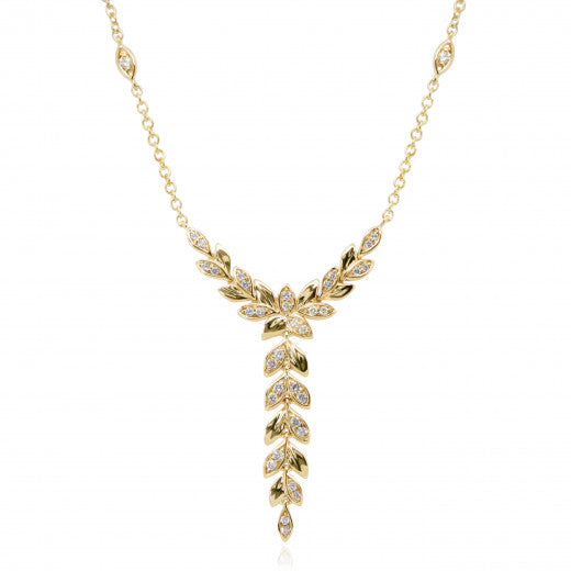 9ct Yellow Gold Diamond Cascading Vine Leaf Y Necklace