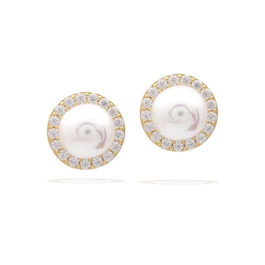 Diamonfire Yellow Gold Plated Imitation Pearl Cubic Zirconia Round Cluster Stud Earrings