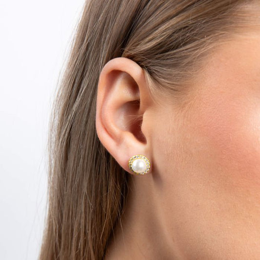 Diamonfire Yellow Gold Plated Imitation Pearl Cubic Zirconia Round Cluster Stud Earrings