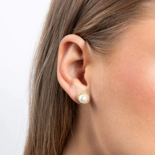 Diamonfire Shell Pearl and Zirconia Halo Stud Earrings