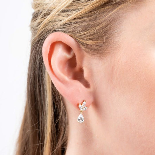 Diamonfire Yellow Gold Plated Triple Leaf Cubic Zirconia Drop Earrings