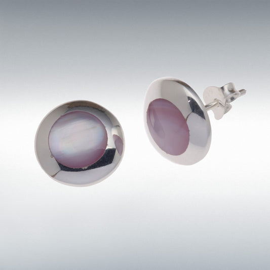 Sterling Silver Round Pink Mother Of Pearl Disc Stud Earrings