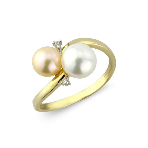 9ct Yellow Gold Peach and White Freshwater Cultured Pearl And Diamond Crossover Ring